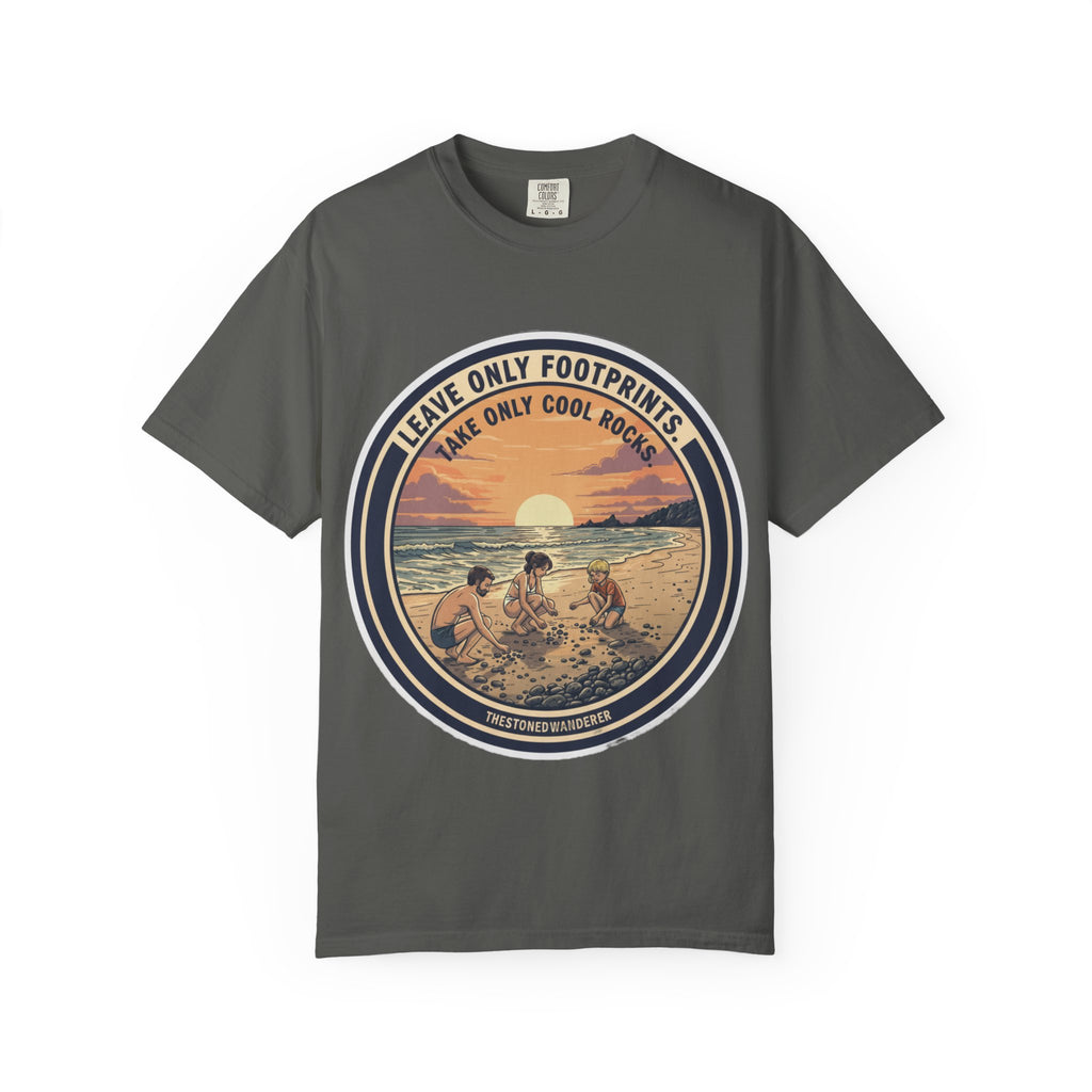 Beach Sunset T-Shirt "Leave Only Footprints, Take Only Cool Rocks" Retro Graphic