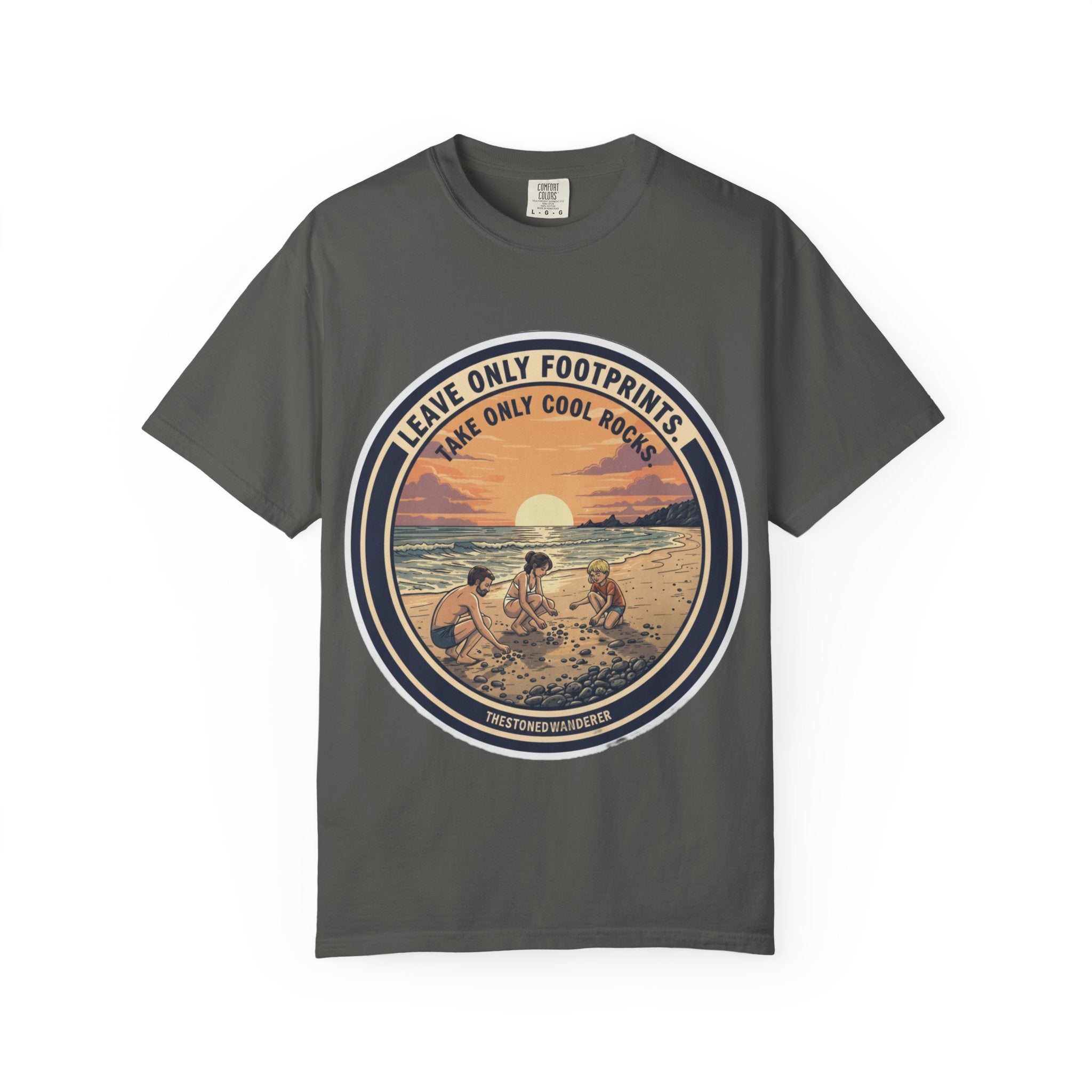 Beach Sunset T-Shirt "Leave Only Footprints, Take Only Cool Rocks" Retro Graphic