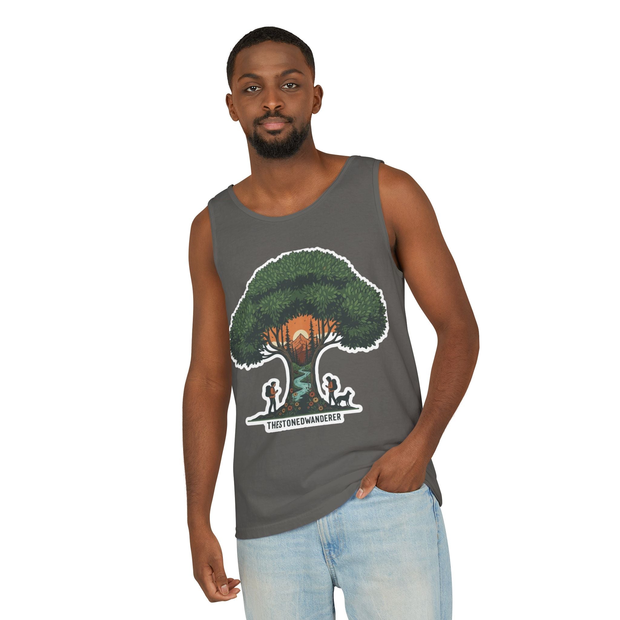 Wanderer Tree Graphic Tank Top — 'The Stone Wanderer' Forest Sunset Design