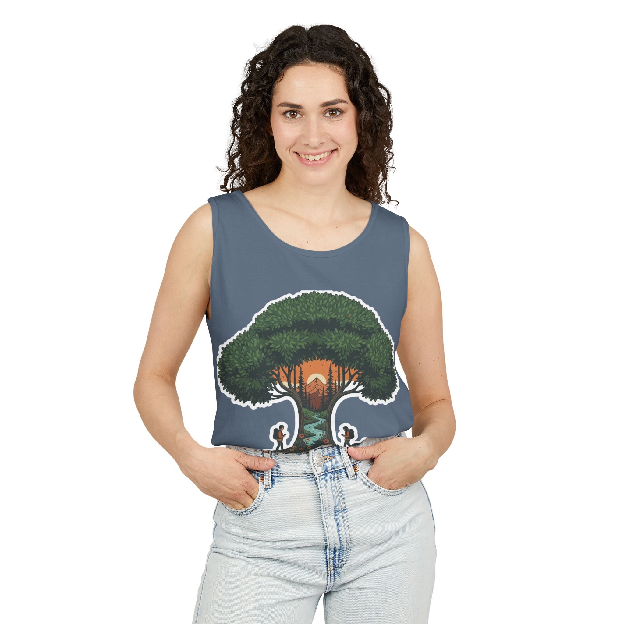 Wanderer Tree Graphic Tank Top — 'The Stone Wanderer' Forest Sunset Design