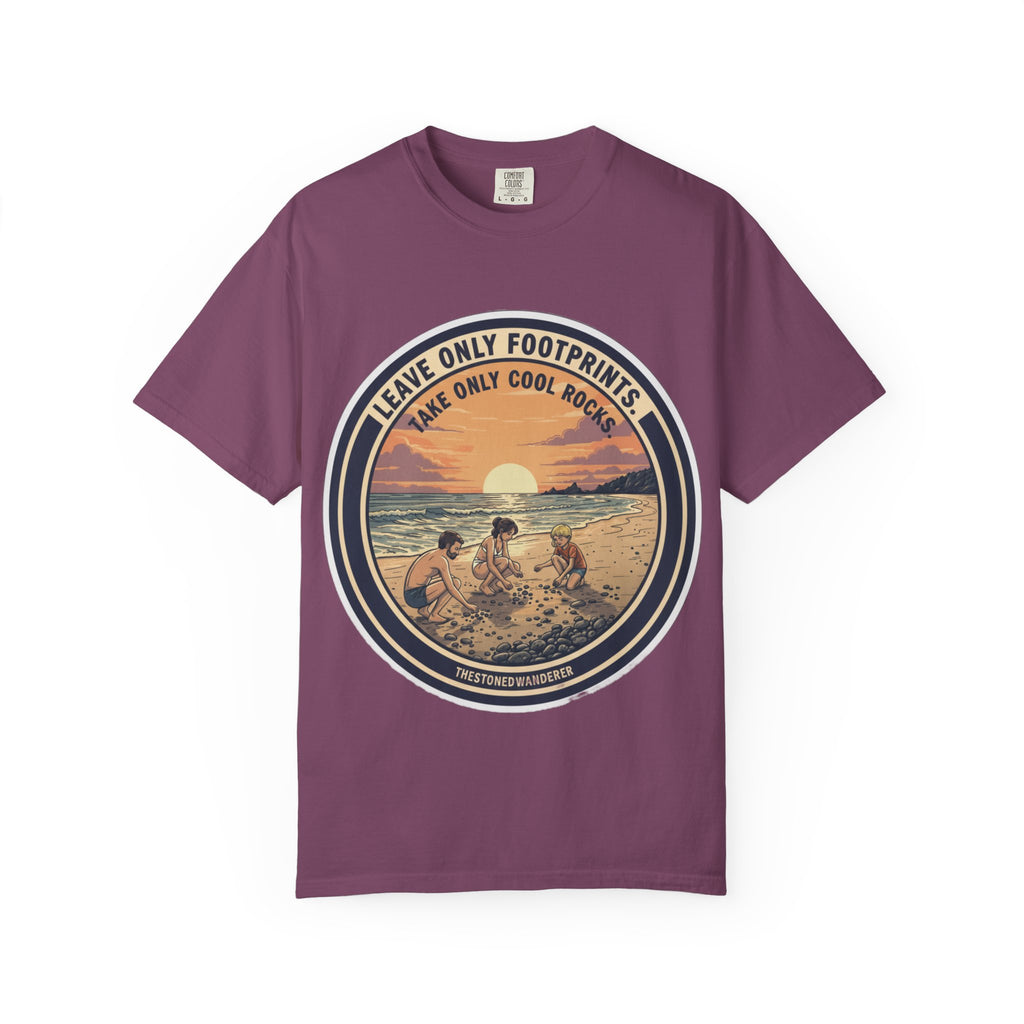 Beach Sunset T-Shirt "Leave Only Footprints, Take Only Cool Rocks" Retro Graphic