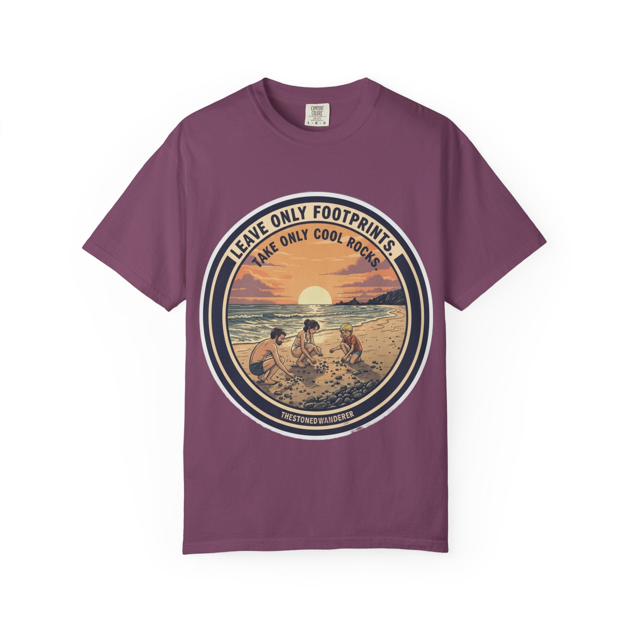 Beach Sunset T-Shirt "Leave Only Footprints, Take Only Cool Rocks" Retro Graphic