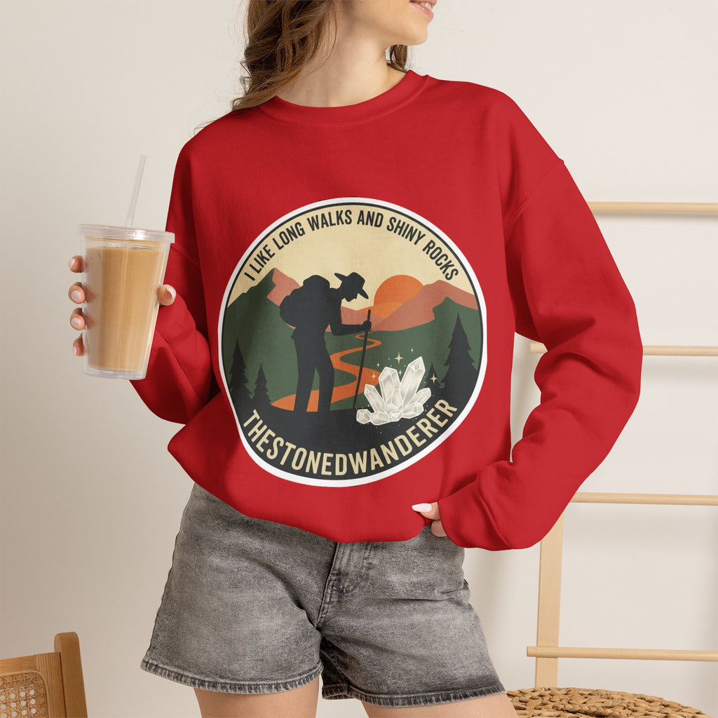 Hiking Crewneck Sweatshirt – 'I Take Long Walks and Shiny Rocks' Outdoor Adventure Pullover