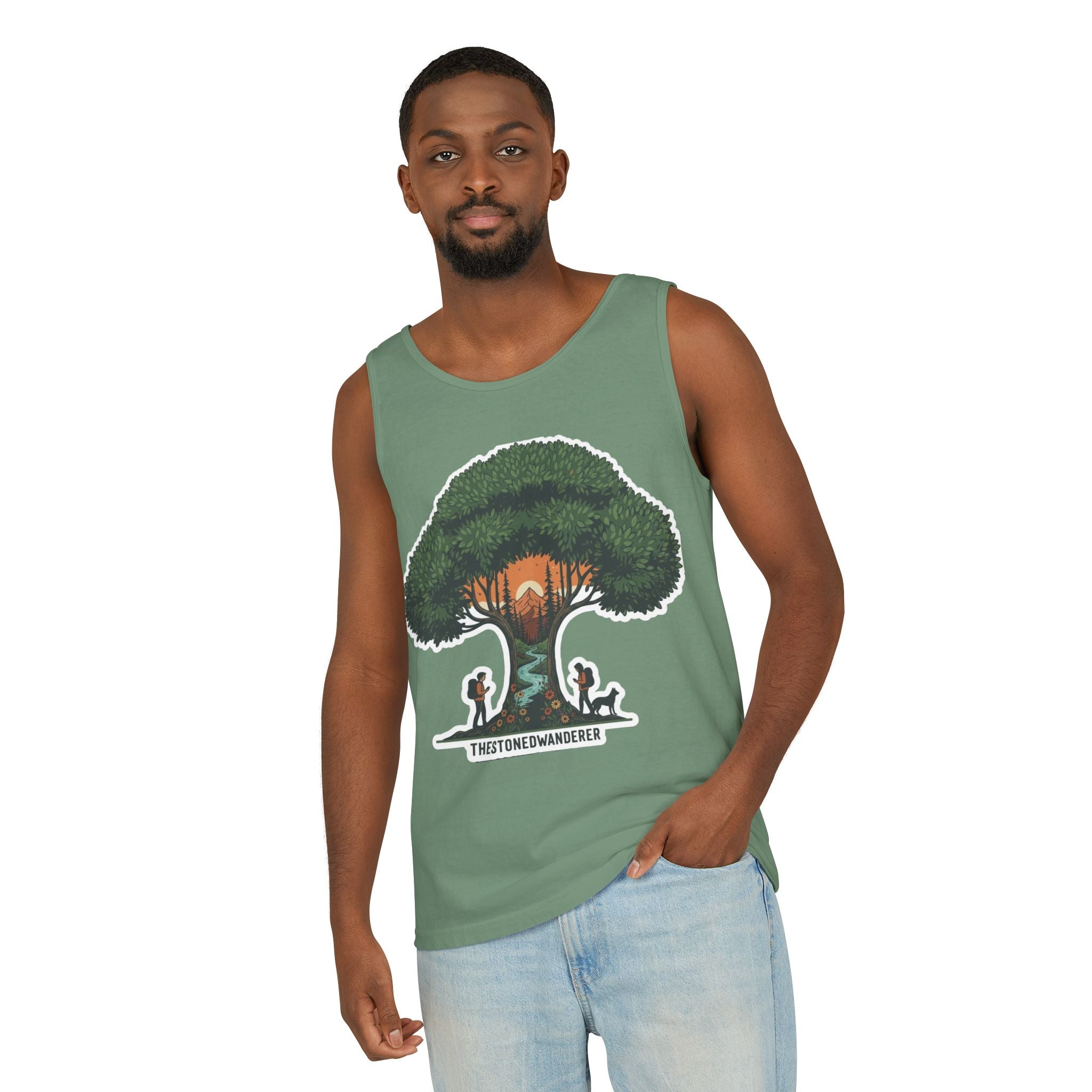 Wanderer Tree Graphic Tank Top — 'The Stone Wanderer' Forest Sunset Design
