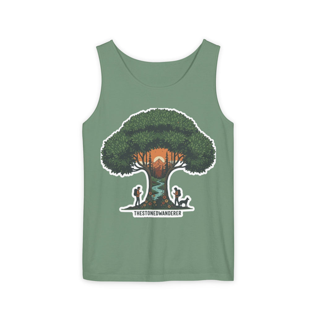 Wanderer Tree Graphic Tank Top — 'The Stone Wanderer' Forest Sunset Design