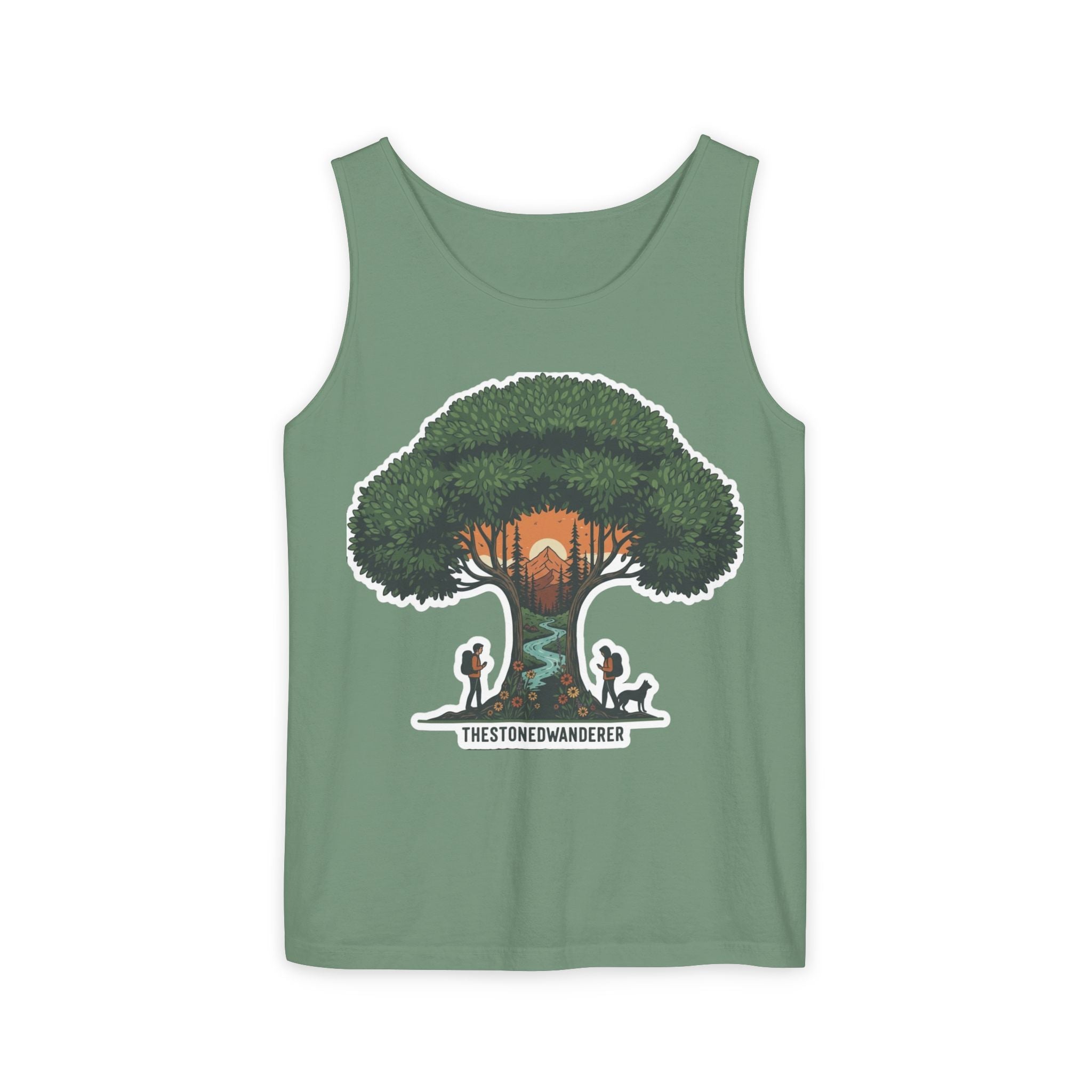 Wanderer Tree Graphic Tank Top — 'The Stone Wanderer' Forest Sunset Design