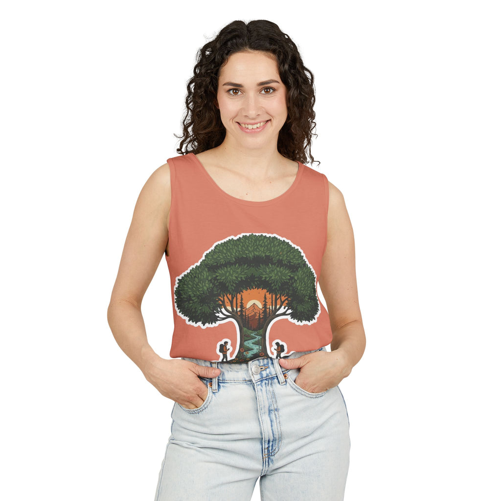 Wanderer Tree Graphic Tank Top — 'The Stone Wanderer' Forest Sunset Design