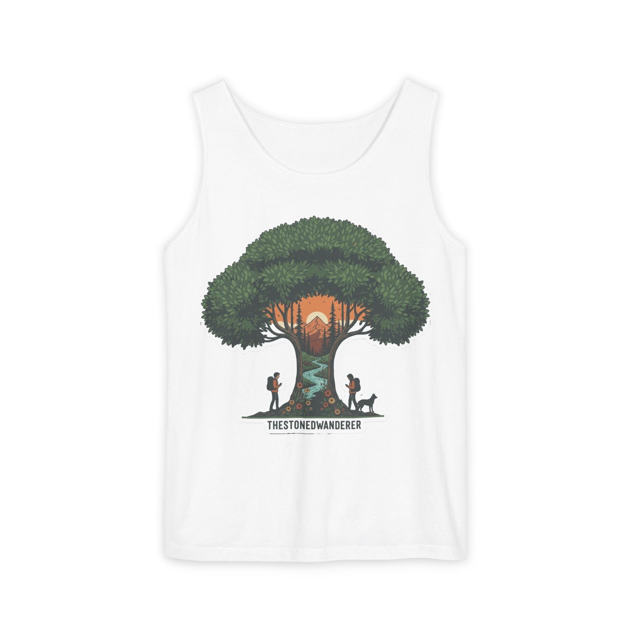 Wanderer Tree Graphic Tank Top — 'The Stone Wanderer' Forest Sunset Design