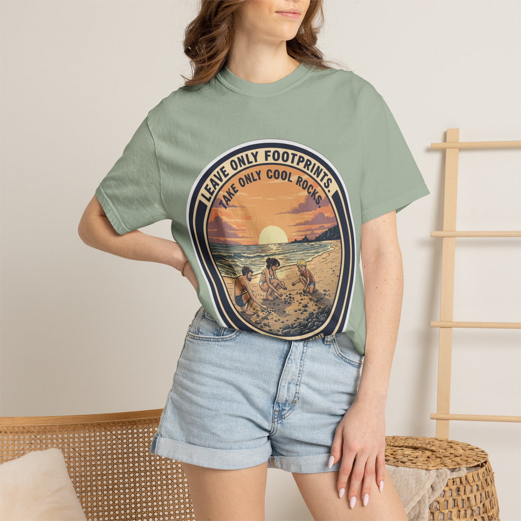 Beach Sunset T-Shirt "Leave Only Footprints, Take Only Cool Rocks" Retro Graphic