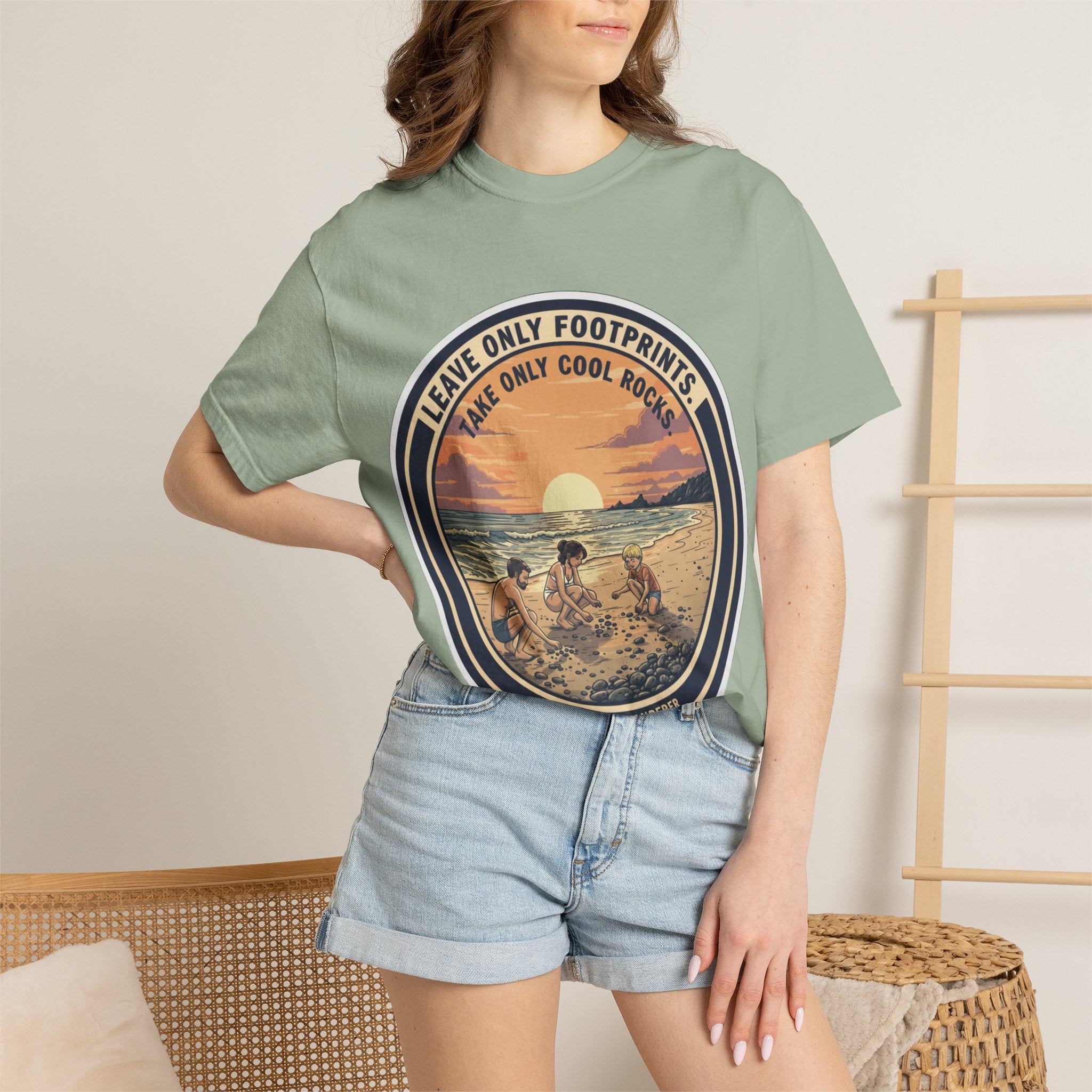 Beach Sunset T-Shirt "Leave Only Footprints, Take Only Cool Rocks" Retro Graphic