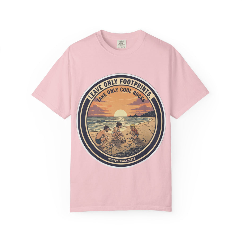 Beach Sunset T-Shirt "Leave Only Footprints, Take Only Cool Rocks" Retro Graphic