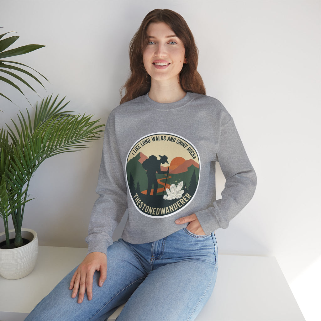 Hiking Crewneck Sweatshirt – 'I Take Long Walks and Shiny Rocks' Outdoor Adventure Pullover
