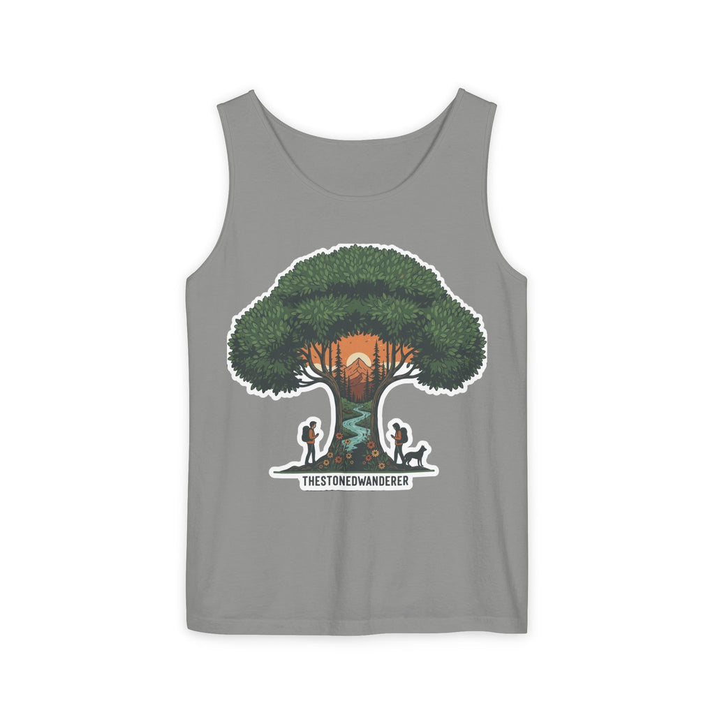 Wanderer Tree Graphic Tank Top — 'The Stone Wanderer' Forest Sunset Design