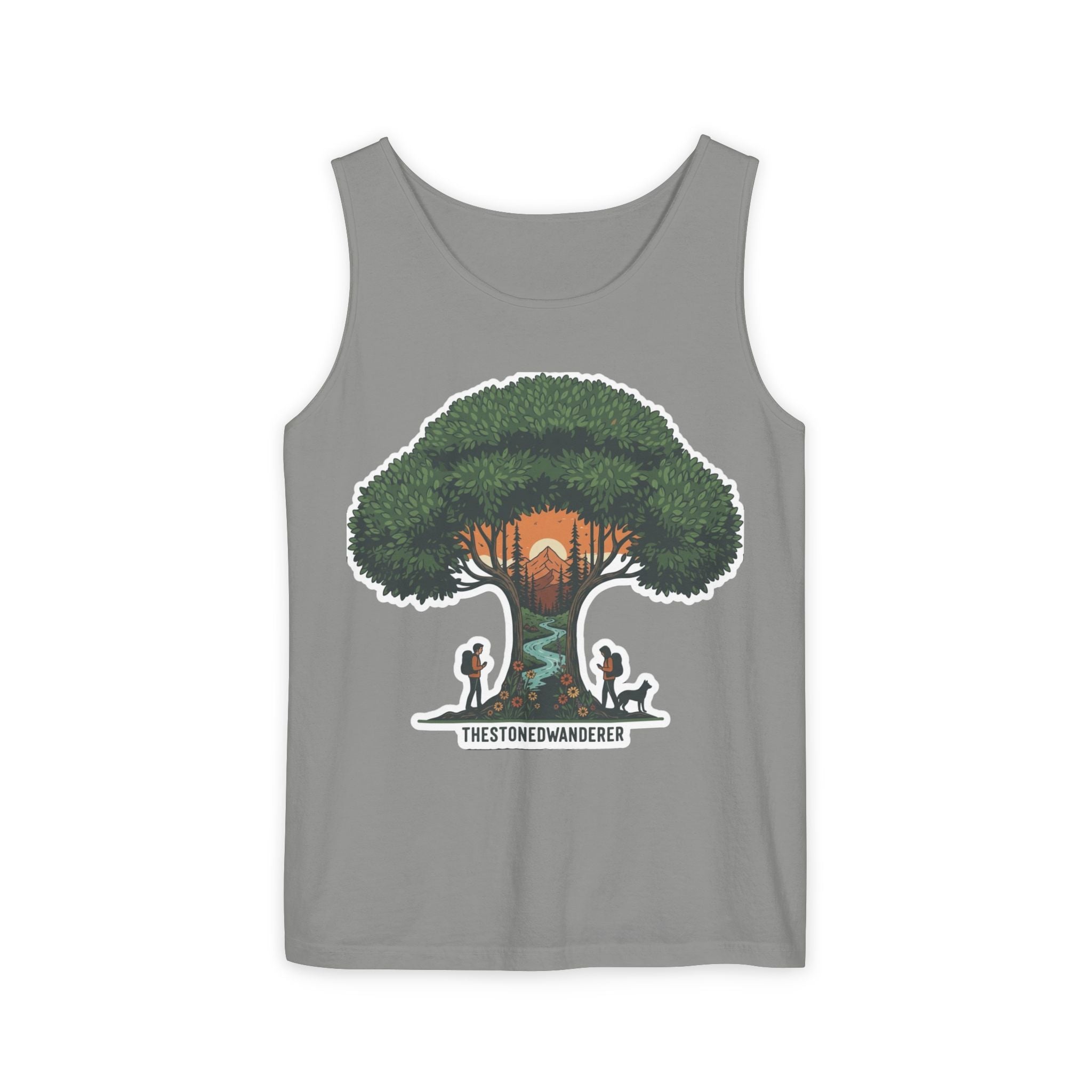 Wanderer Tree Graphic Tank Top — 'The Stone Wanderer' Forest Sunset Design