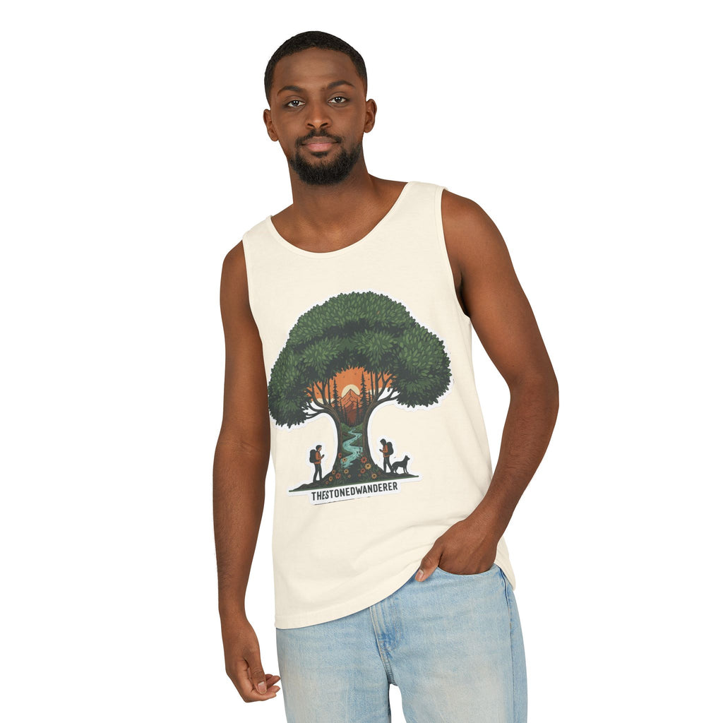 Wanderer Tree Graphic Tank Top — 'The Stone Wanderer' Forest Sunset Design