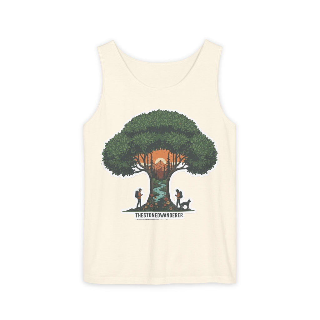 Wanderer Tree Graphic Tank Top — 'The Stone Wanderer' Forest Sunset Design