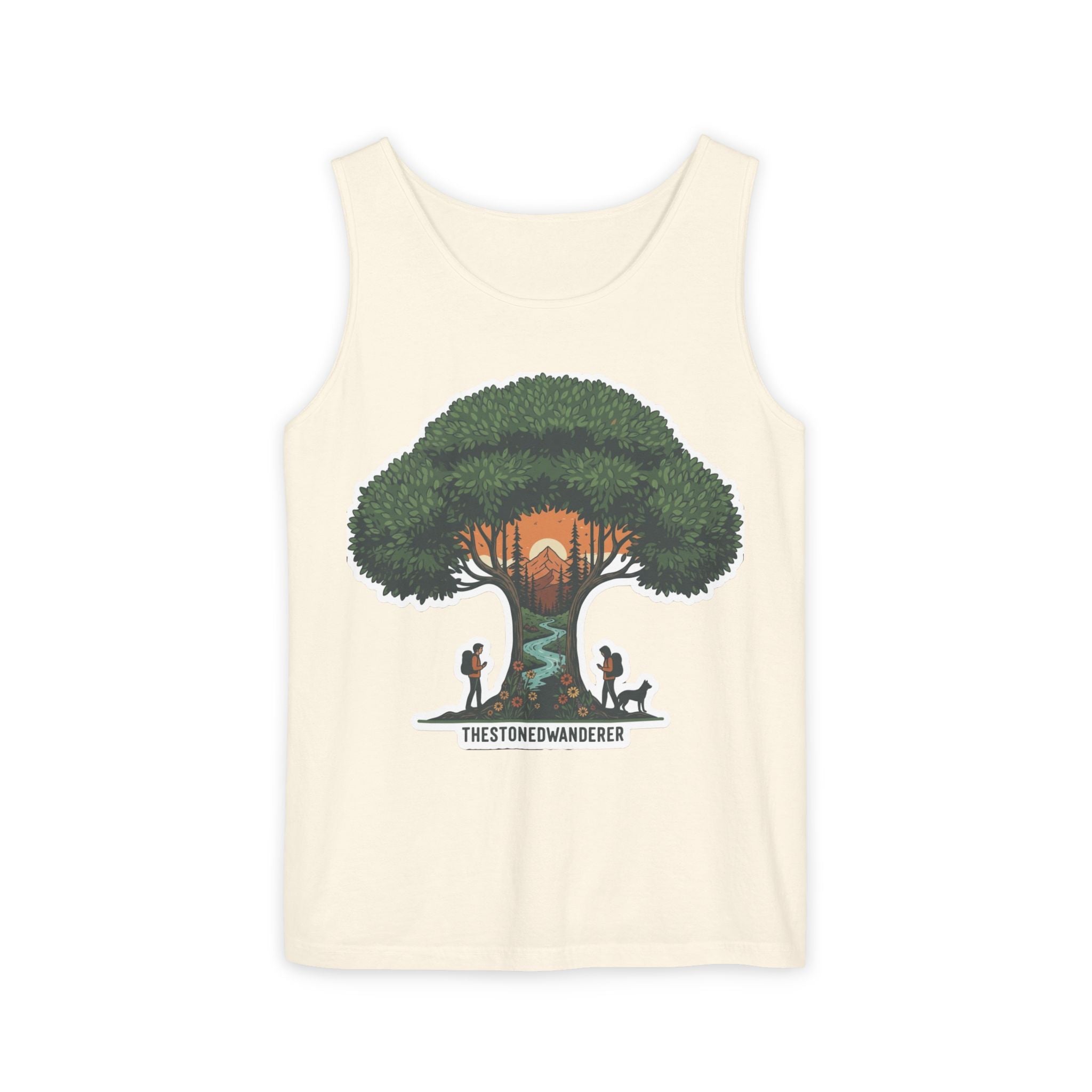 Wanderer Tree Graphic Tank Top — 'The Stone Wanderer' Forest Sunset Design