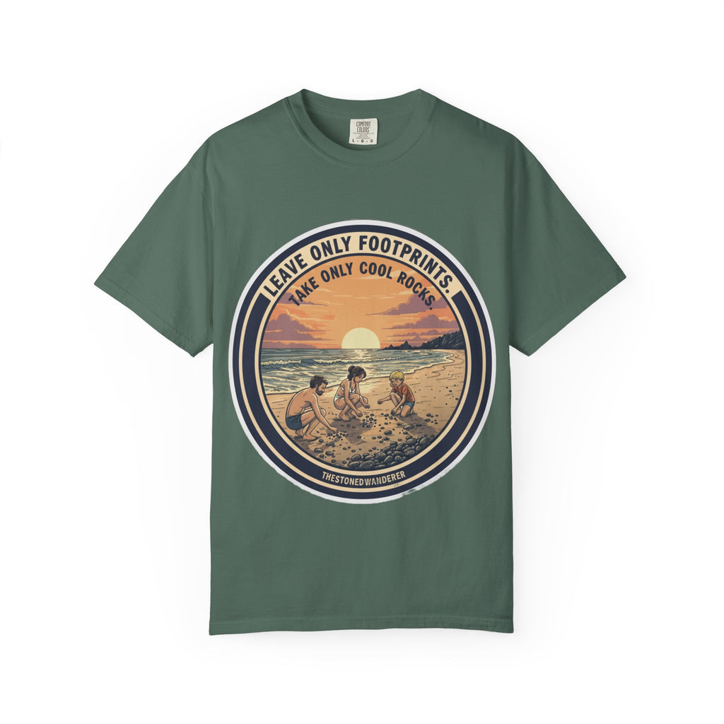 Beach Sunset T-Shirt "Leave Only Footprints, Take Only Cool Rocks" Retro Graphic
