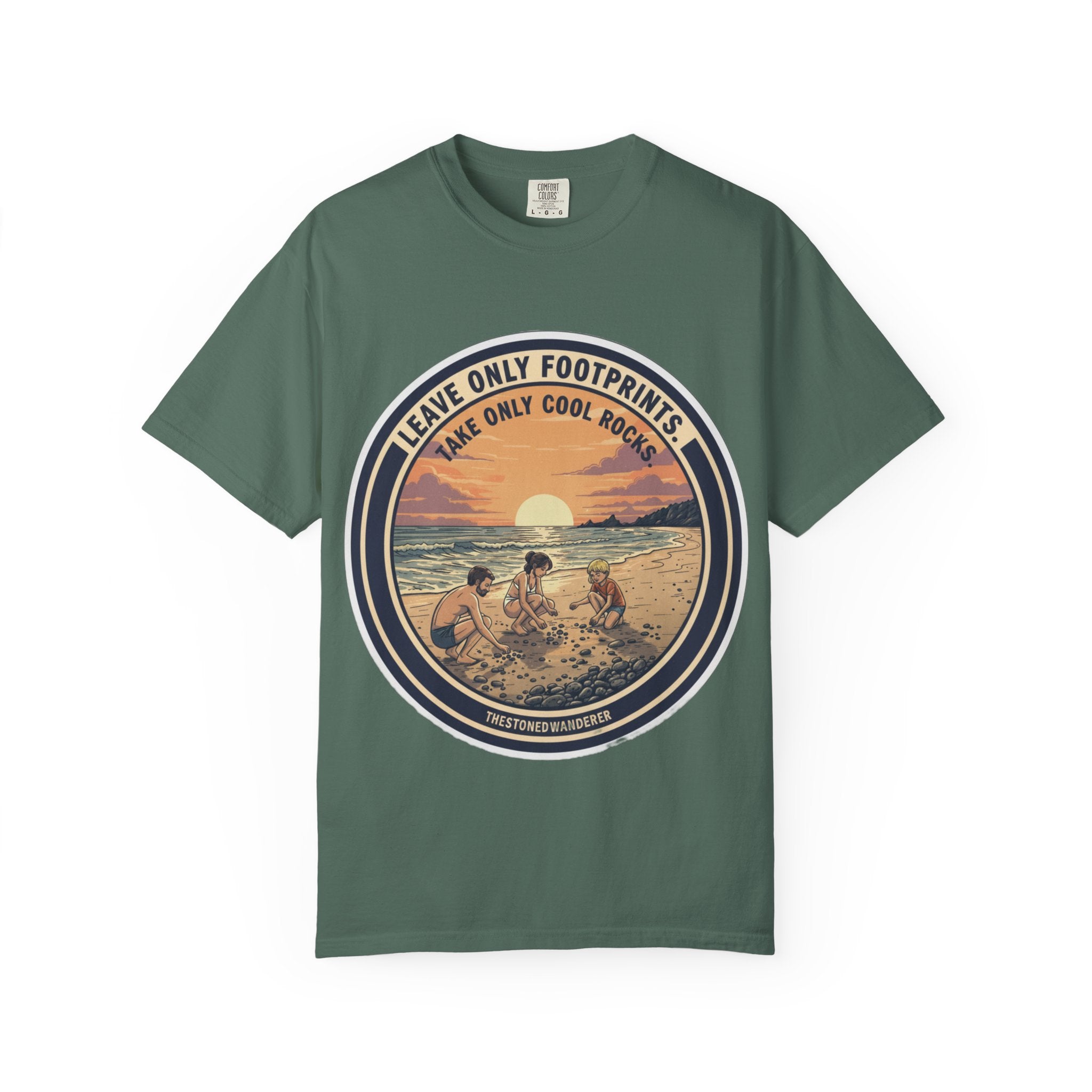 Beach Sunset T-Shirt "Leave Only Footprints, Take Only Cool Rocks" Retro Graphic
