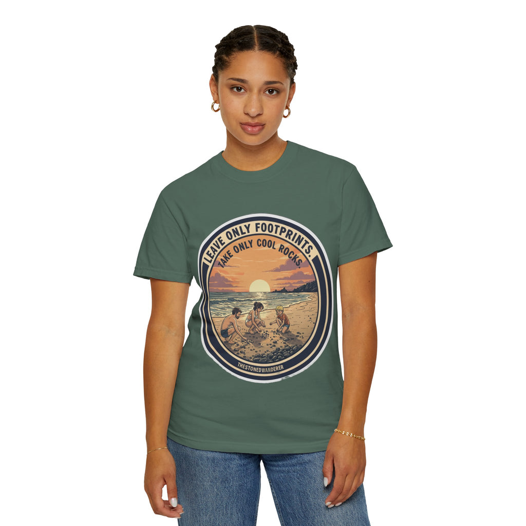 Beach Sunset T-Shirt "Leave Only Footprints, Take Only Cool Rocks" Retro Graphic