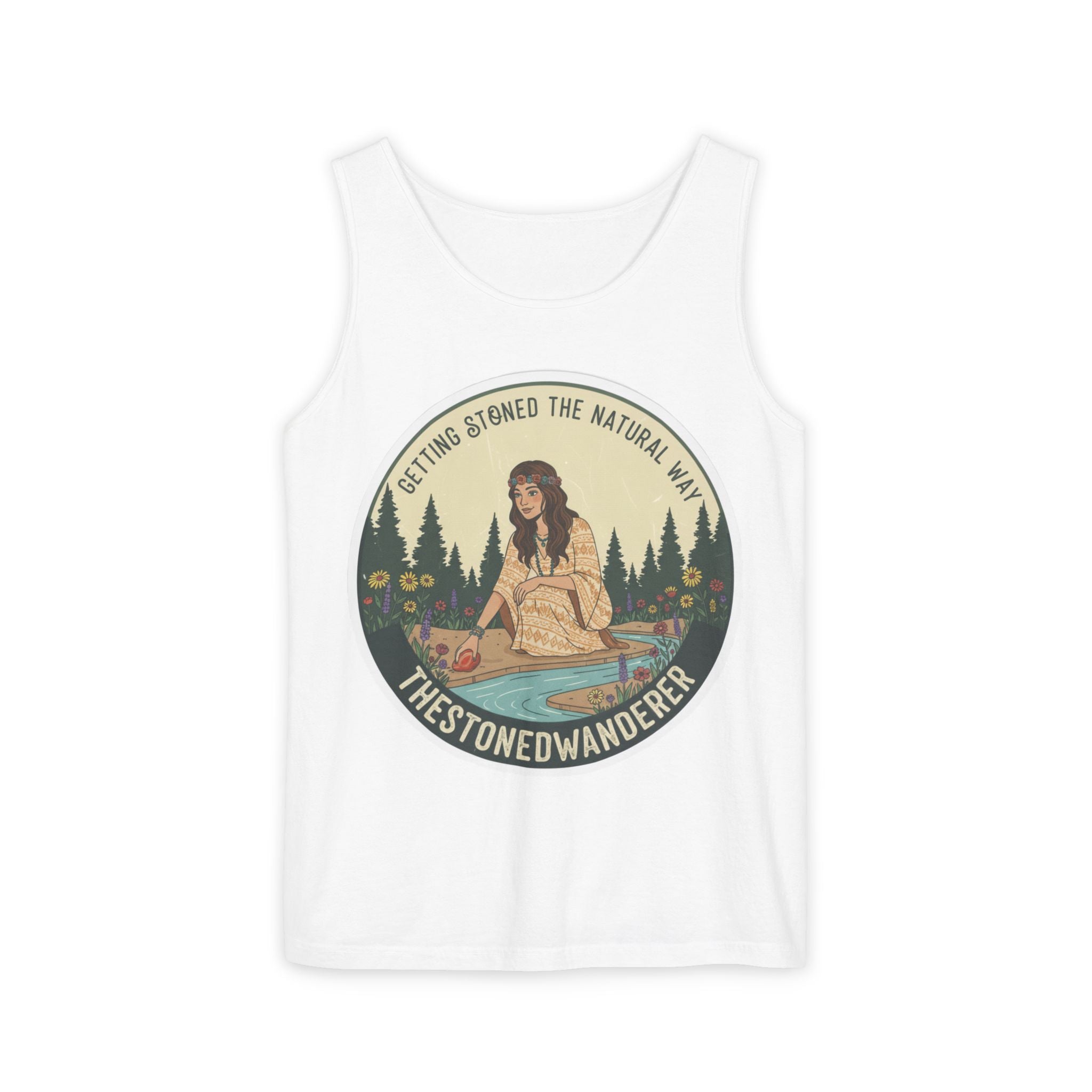 Tank Top — The Stoned Wanderer "Getting Stoned the Natural Way" Retro Camping Graphic