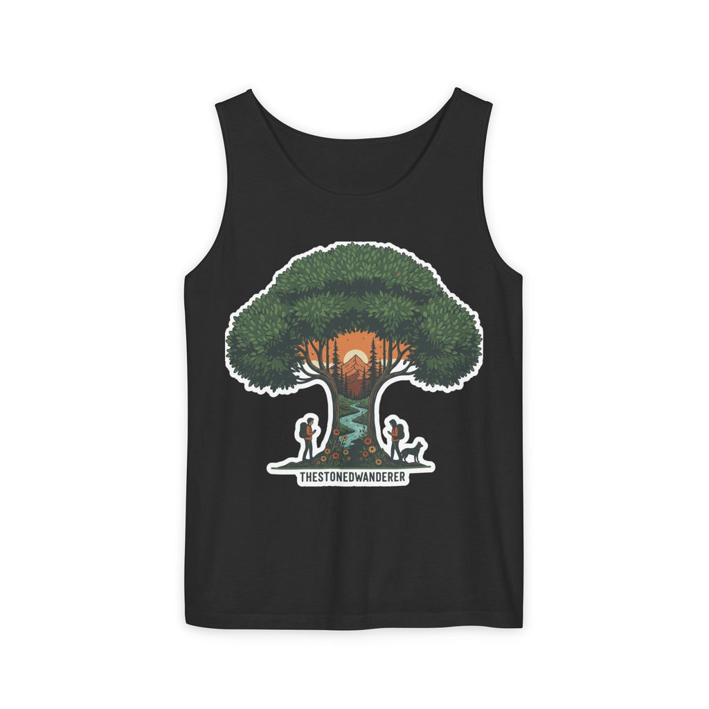Wanderer Tree Graphic Tank Top — 'The Stone Wanderer' Forest Sunset Design