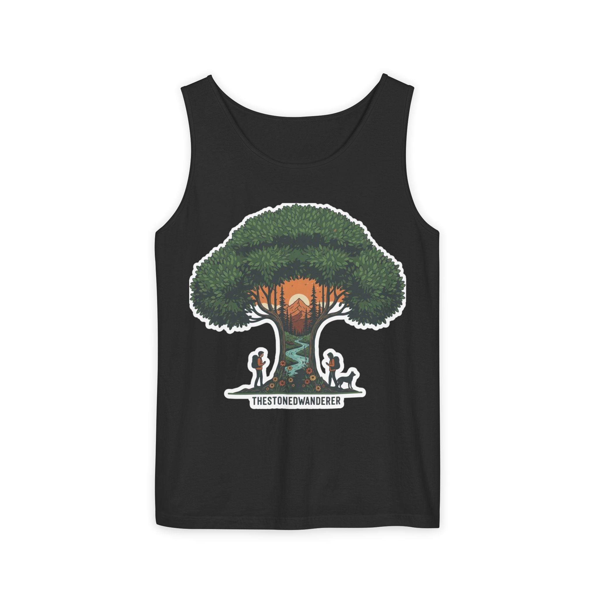 Wanderer Tree Graphic Tank Top — 'The Stone Wanderer' Forest Sunset Design