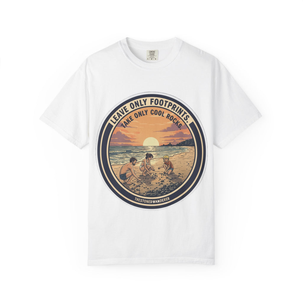 Beach Sunset T-Shirt "Leave Only Footprints, Take Only Cool Rocks" Retro Graphic