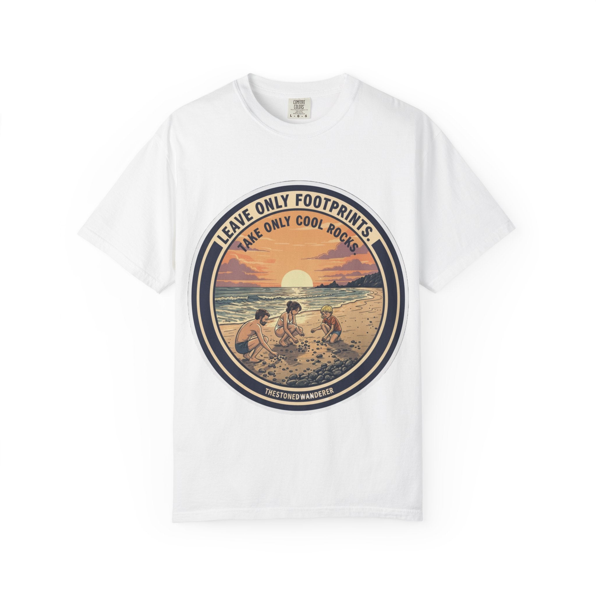 Beach Sunset T-Shirt "Leave Only Footprints, Take Only Cool Rocks" Retro Graphic