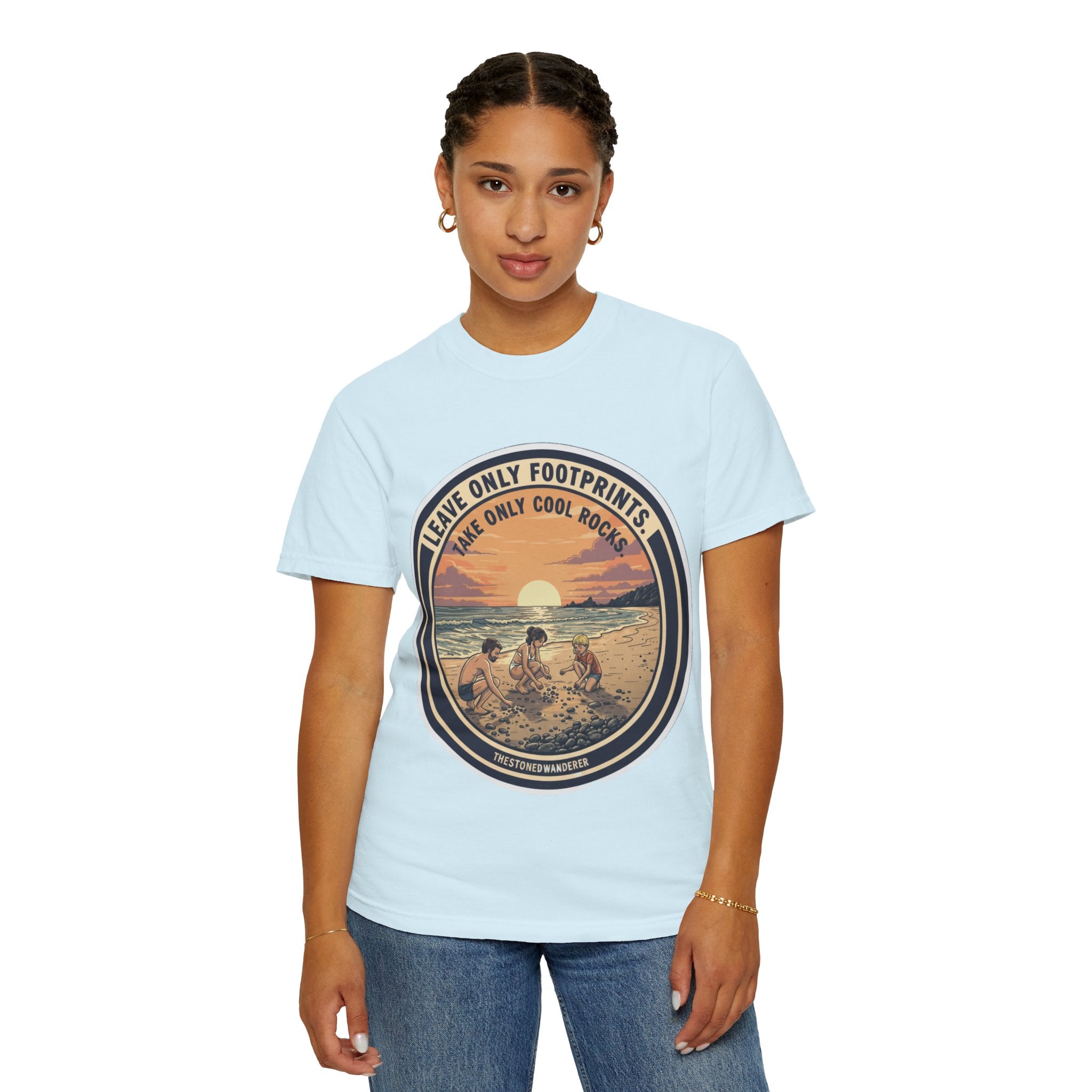 Beach Sunset T-Shirt "Leave Only Footprints, Take Only Cool Rocks" Retro Graphic