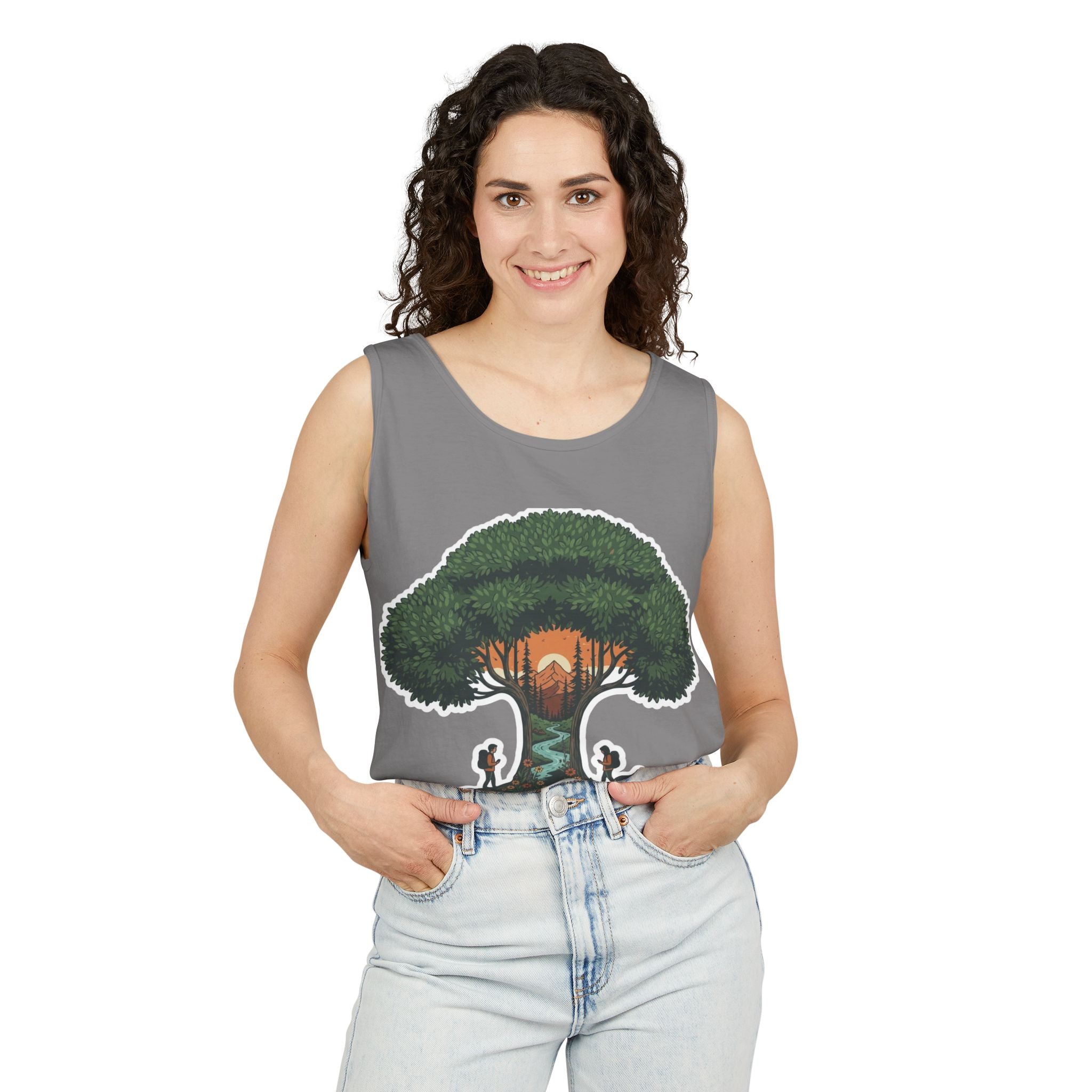 Wanderer Tree Graphic Tank Top — 'The Stone Wanderer' Forest Sunset Design