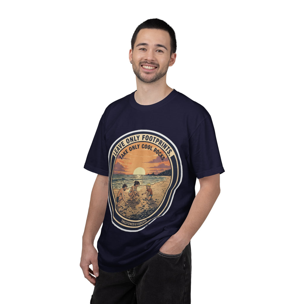 Beach Sunset T-Shirt "Leave Only Footprints, Take Only Cool Rocks" Retro Graphic