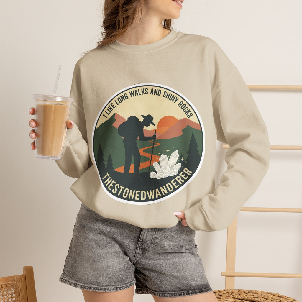 Hiking Crewneck Sweatshirt – 'I Take Long Walks and Shiny Rocks' Outdoor Adventure Pullover