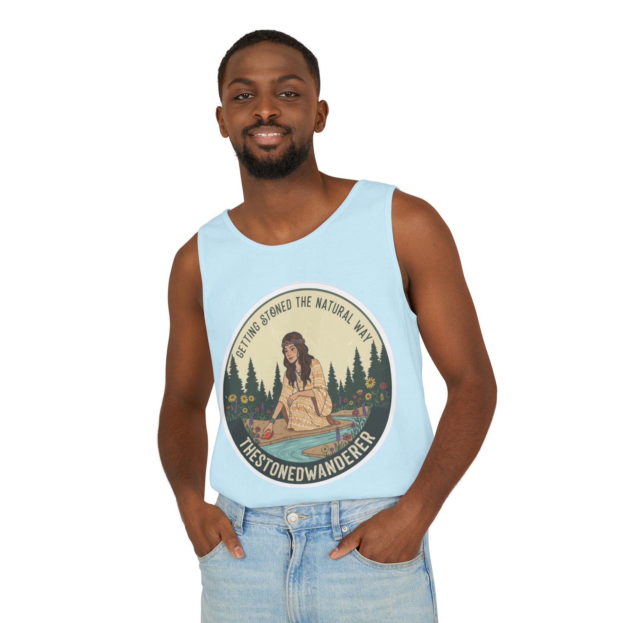 Tank Top — The Stoned Wanderer "Getting Stoned the Natural Way" Retro Camping Graphic