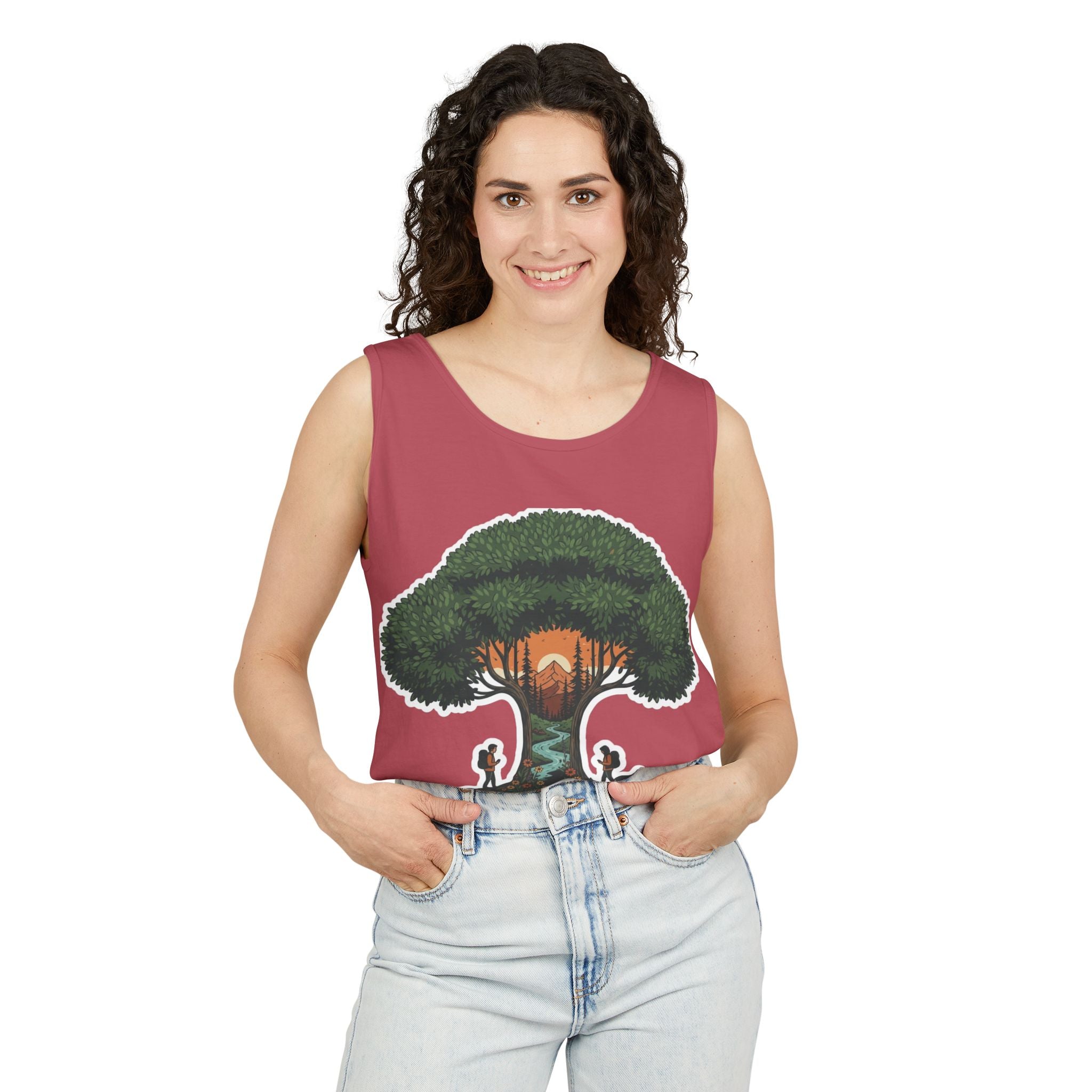 Wanderer Tree Graphic Tank Top — 'The Stone Wanderer' Forest Sunset Design