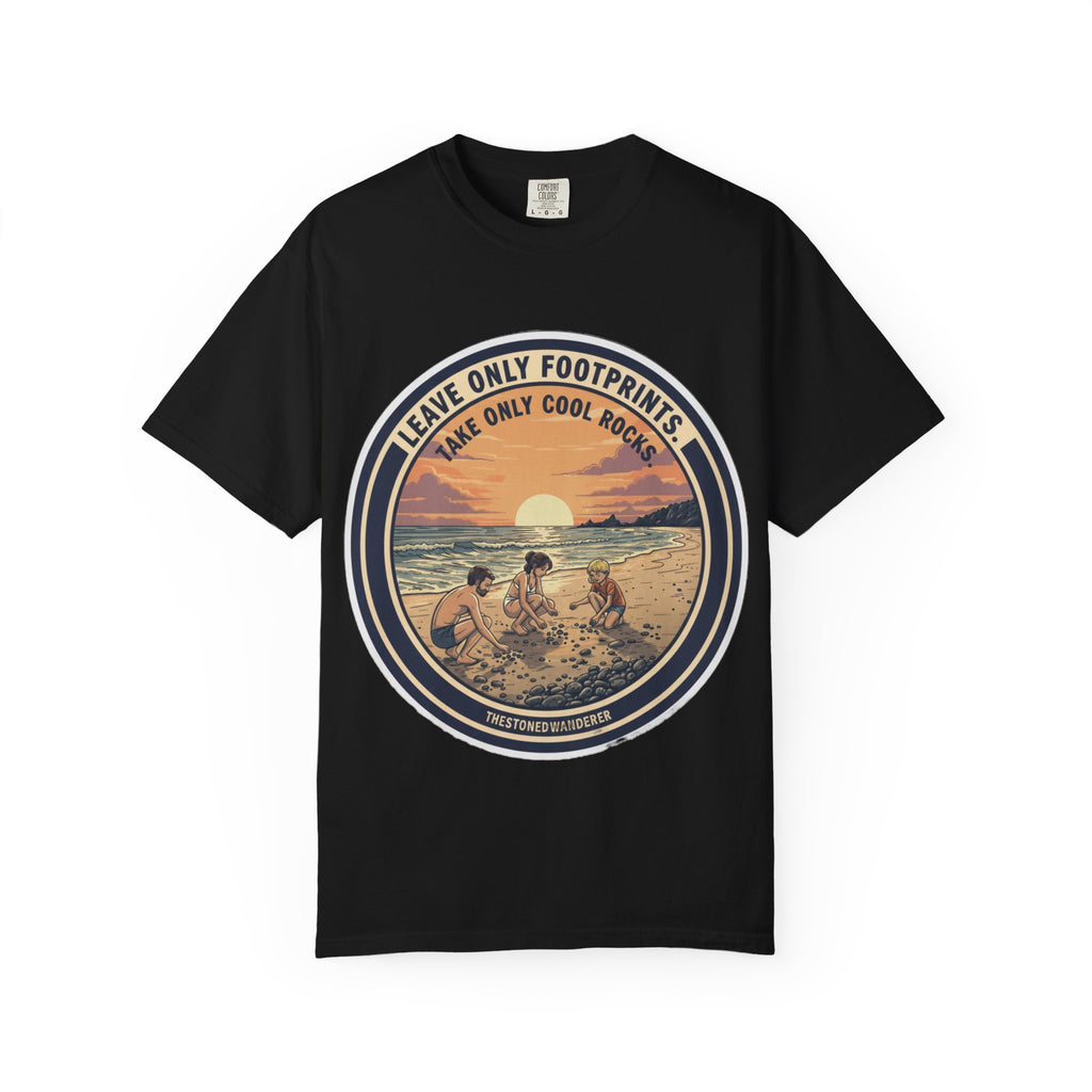 Beach Sunset T-Shirt "Leave Only Footprints, Take Only Cool Rocks" Retro Graphic
