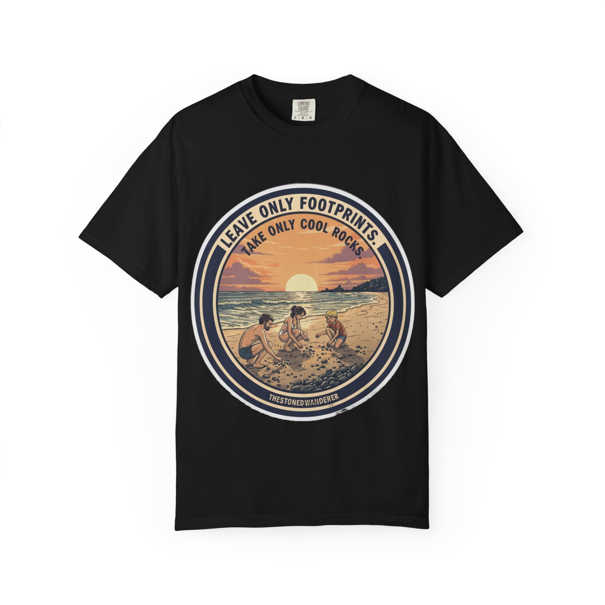 Beach Sunset T-Shirt "Leave Only Footprints, Take Only Cool Rocks" Retro Graphic