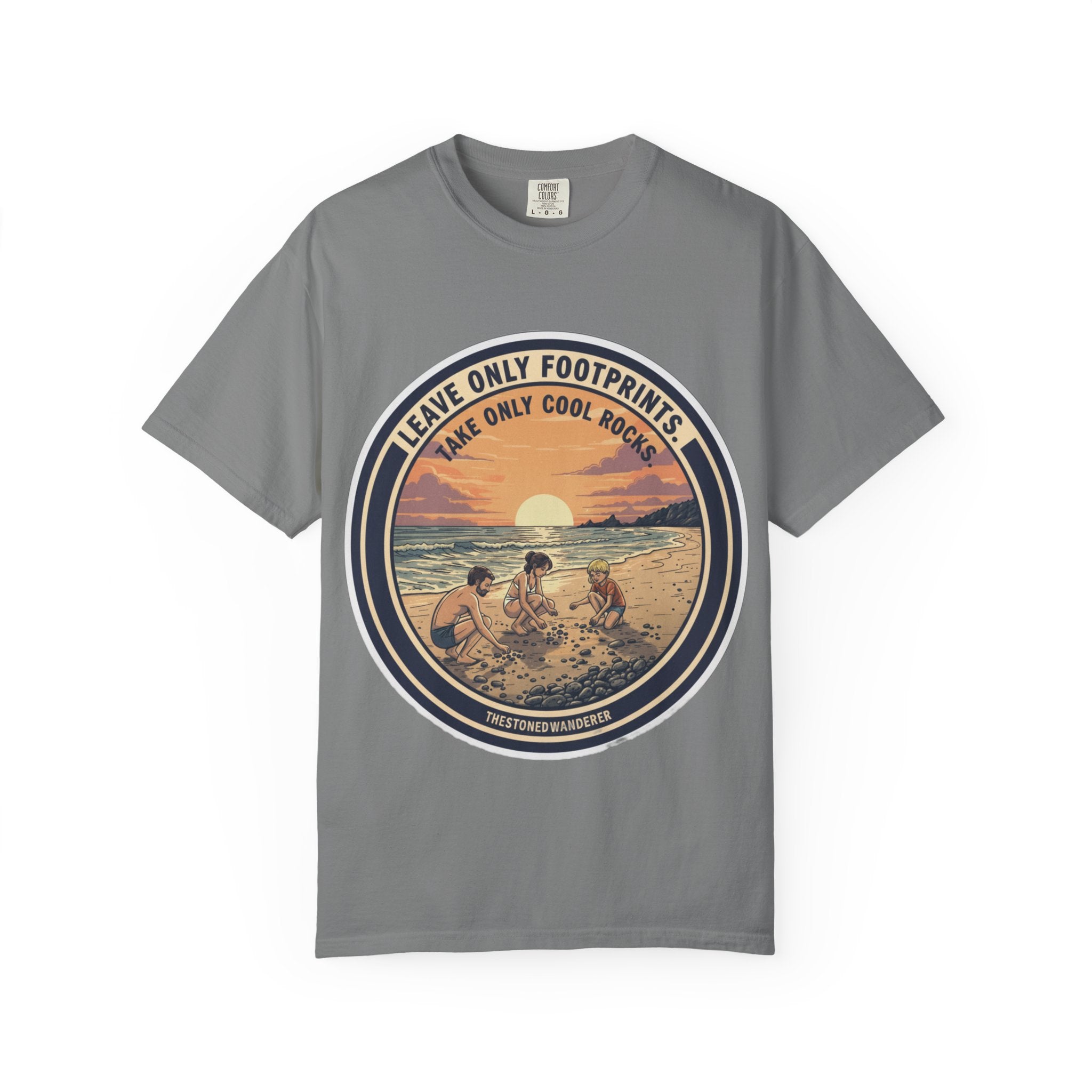 Beach Sunset T-Shirt "Leave Only Footprints, Take Only Cool Rocks" Retro Graphic